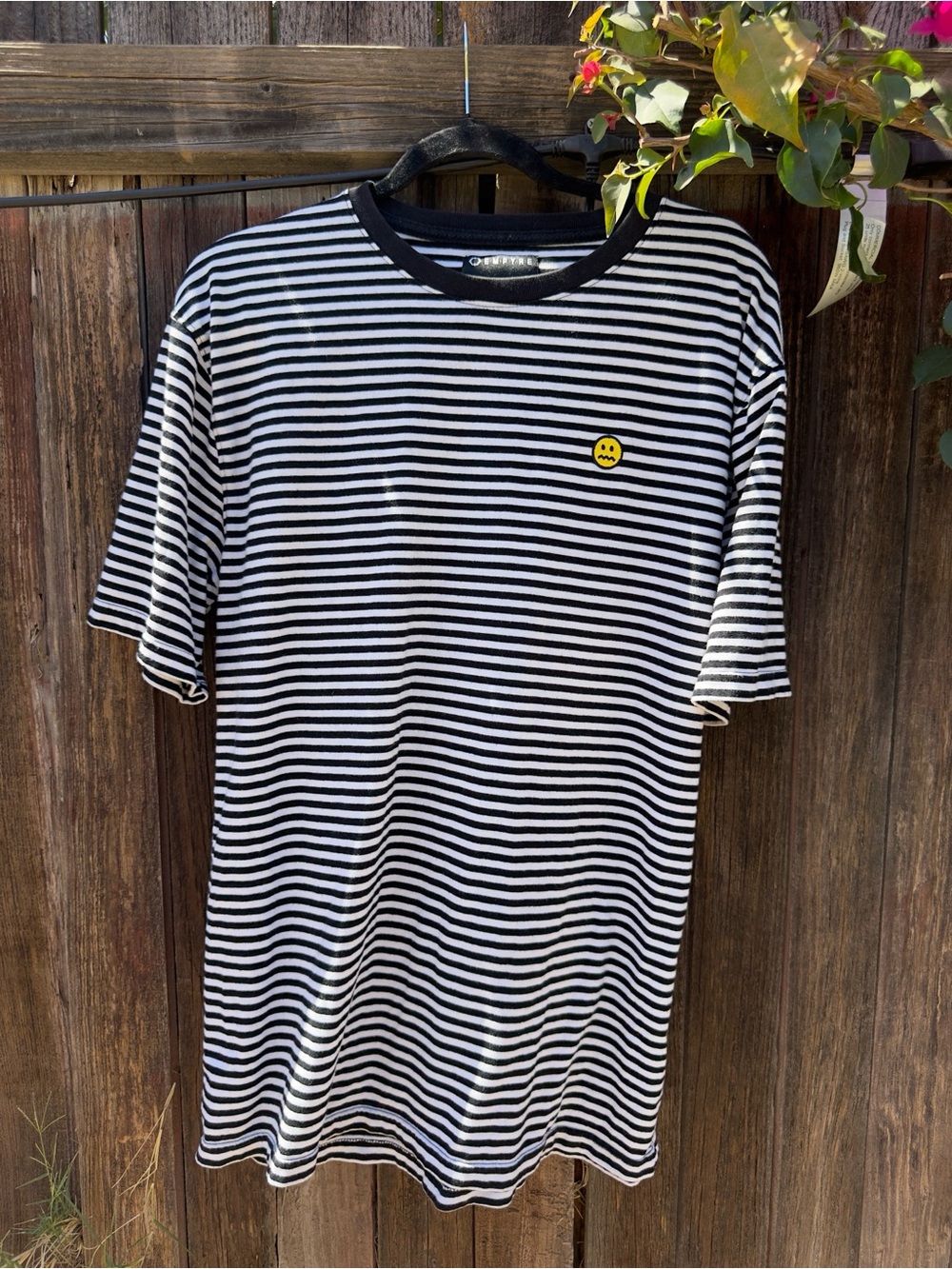 Empyre Black & White Striped Short Sleeve Tee with Yellow Smiley Patch